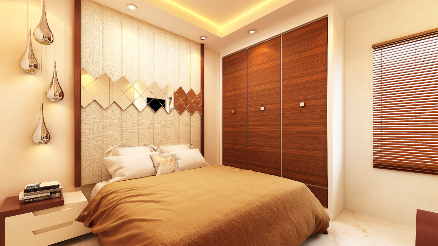Bedroom with wardrobe false ceiling and wall decor by Ram PJ Bedroom Modern | Interior Design Photos & Ideas