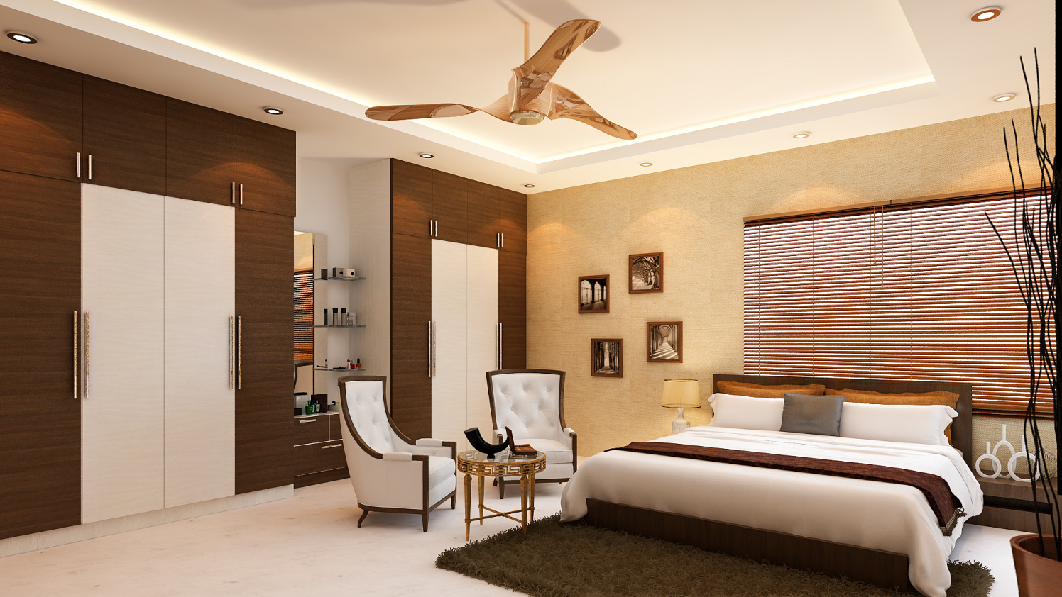 Bedroom with wardrobe lounge chair and false ceiling by Ram PJ Bedroom Modern | Interior Design Photos & Ideas