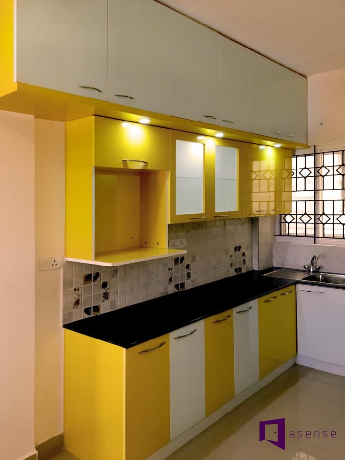 Lemon Green And White Themed Modular Kitchen Cabinets By Snigdha Ghosh