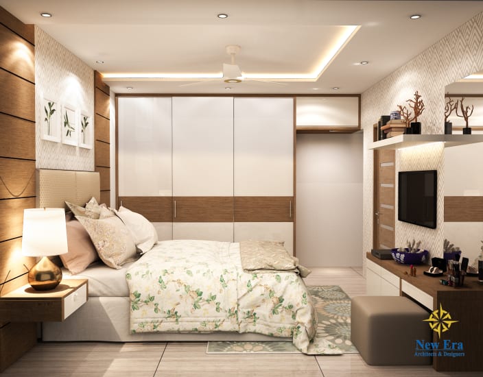 Master Bedroom With Broad Wooden Board Panel Modular Wooden