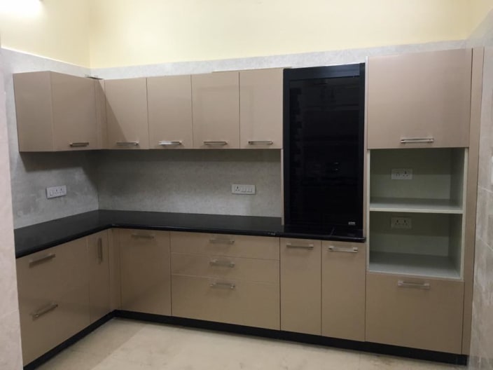 Beige Themed Modular Kitchen With Base And Wall Cabinets By Deepanshu Gandhi