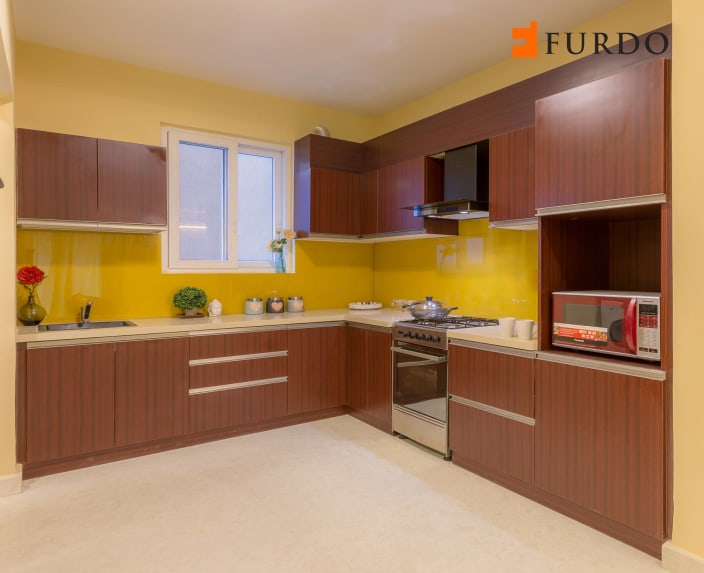 Yellow Wall Kitchen With Wooden Cabinets By Furdo Com