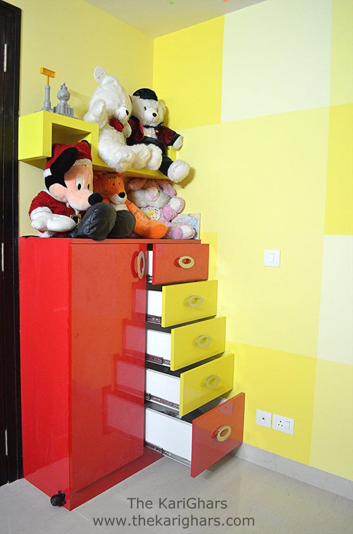 Yellow Shaded Kids Bedroom With Red And Yellow Base Drawers