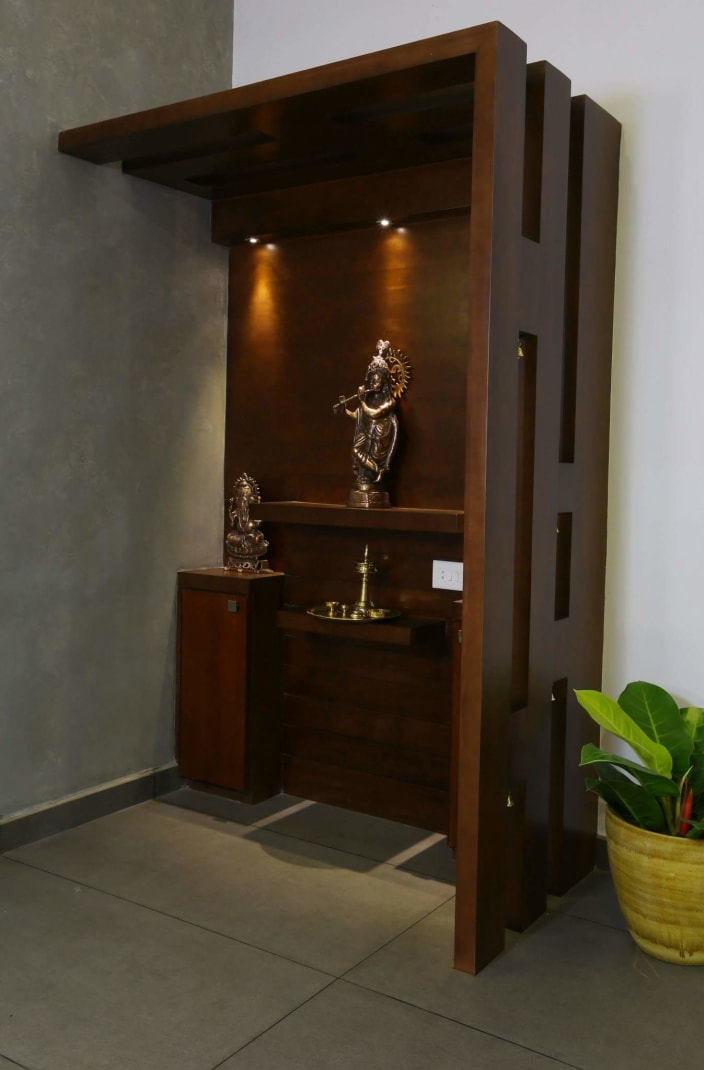 Elegant Prayer Room with Dark Walnut Brown Unit by Madhu 