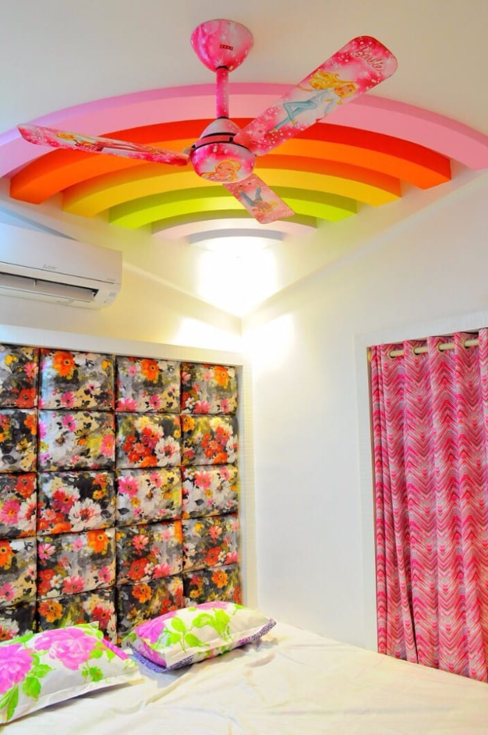 Pink Themed Kids Bedroom With Rainbow Patterned False Ceiling By Rohit Mangal Singla