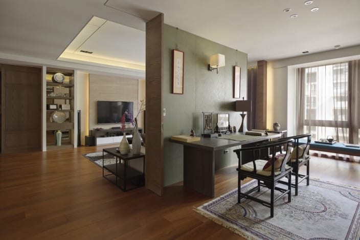 Living Area Cum Hallway With Hardwood Floor And Dark Wood Mahogany Study Table By Shekhar S