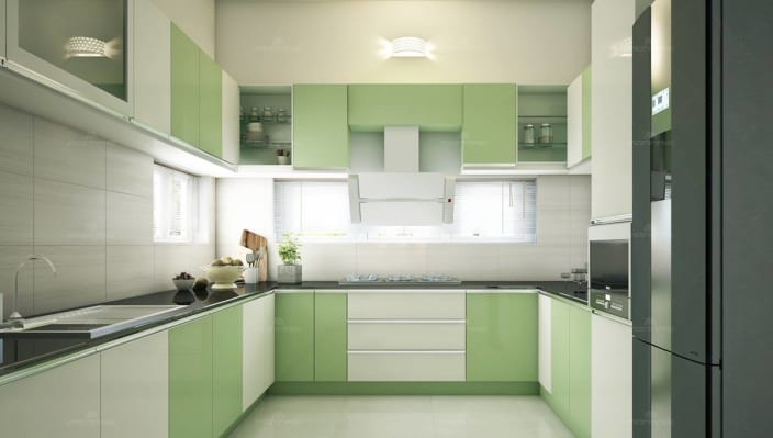 U Shaped Modular Kitchen Design With Window u shaped black granite top kitchen with pistachio colored cabinets