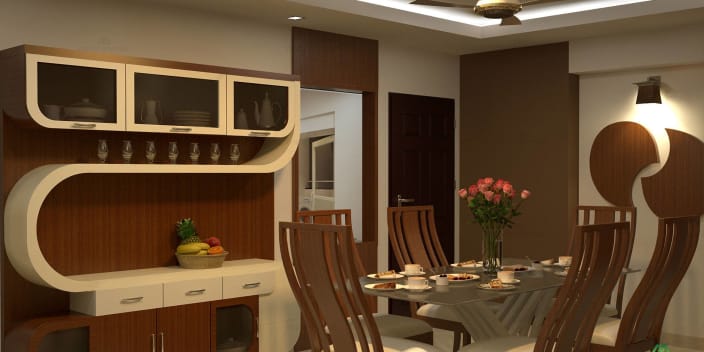 Dining Room With Glass Top Table And Curvy Wall Crockery Cabinet By Monnaie Architects almirah design for dining room on Dining Room With Glass Top Table And Curvy Wall Crockery Cabinet By Monnaie Architects