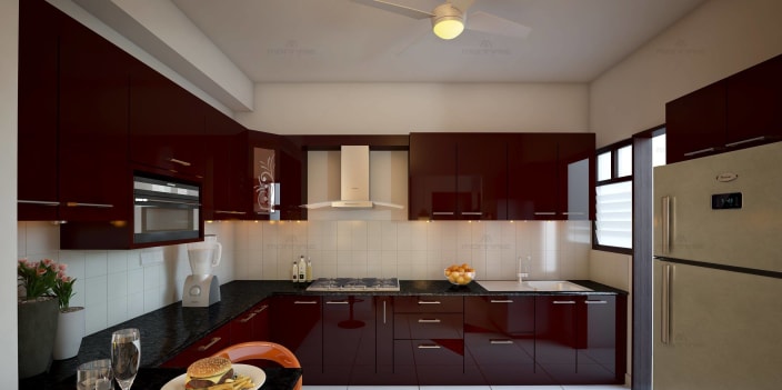 L Shaped Kitchen With Glossy Maroon Base And Wall Cabinets And