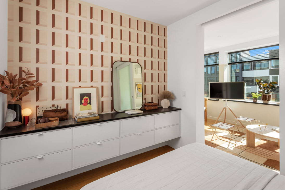 View of the designer bedroom at Harrison Urby - luxury Harrison NJ apartments for rent