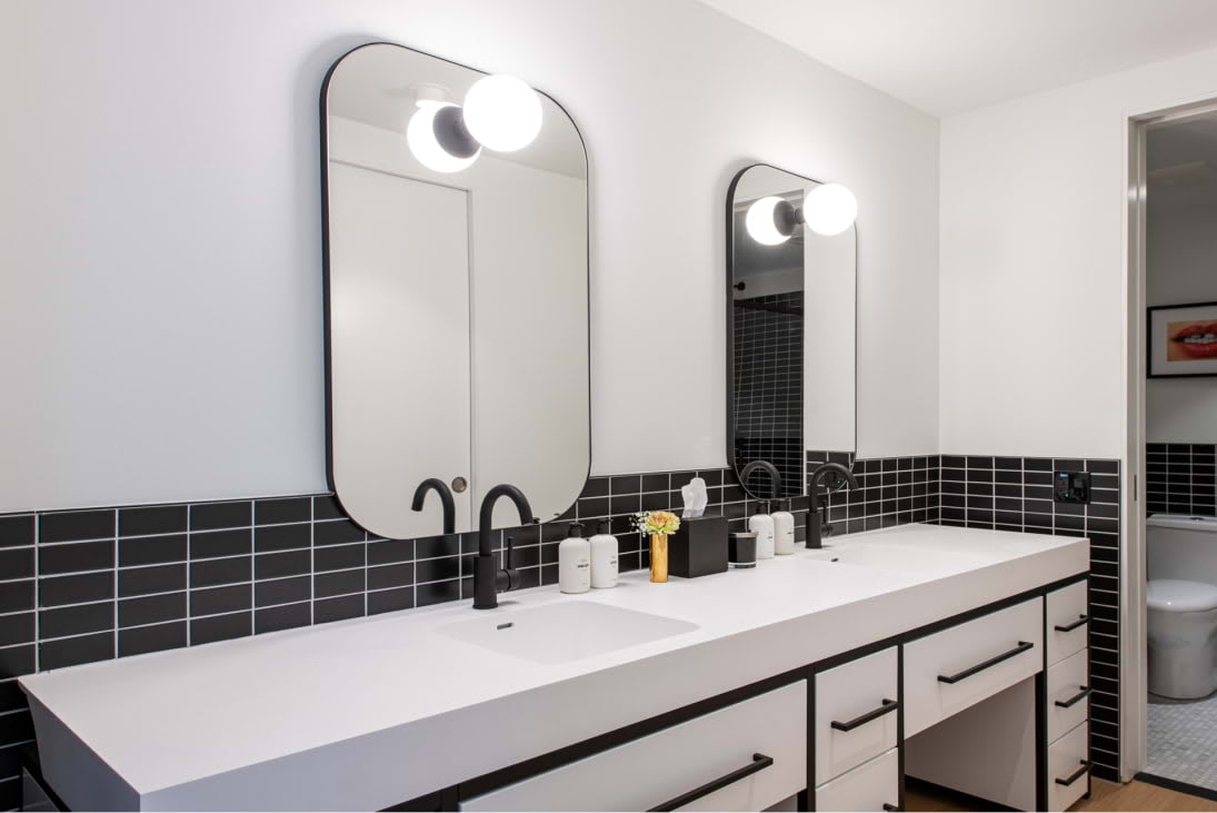 View of the designer bathroom details at Dallas Urby - luxury Dallas Design District apartments for rent