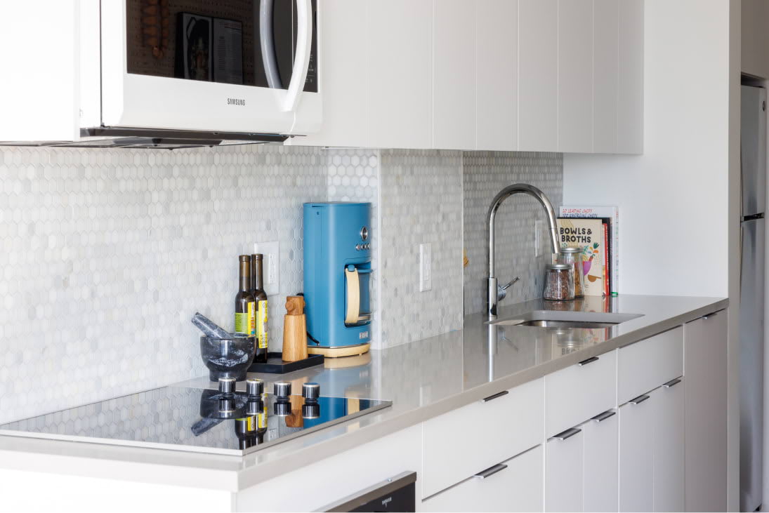 View of the designer kitchen details at Newark Urby - luxury Newark NJ apartments for rent