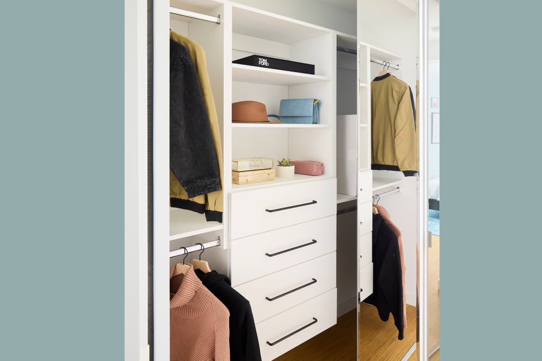 View of the designer bedroom details including built-in closets at Stamford Urby - luxury Stamford CT apartments for rent