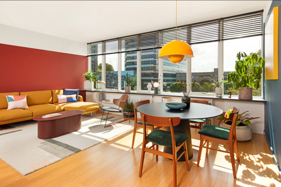 View of the designer living room details including oversized windows at Stamford Urby - luxury Stamford CT apartments for rent