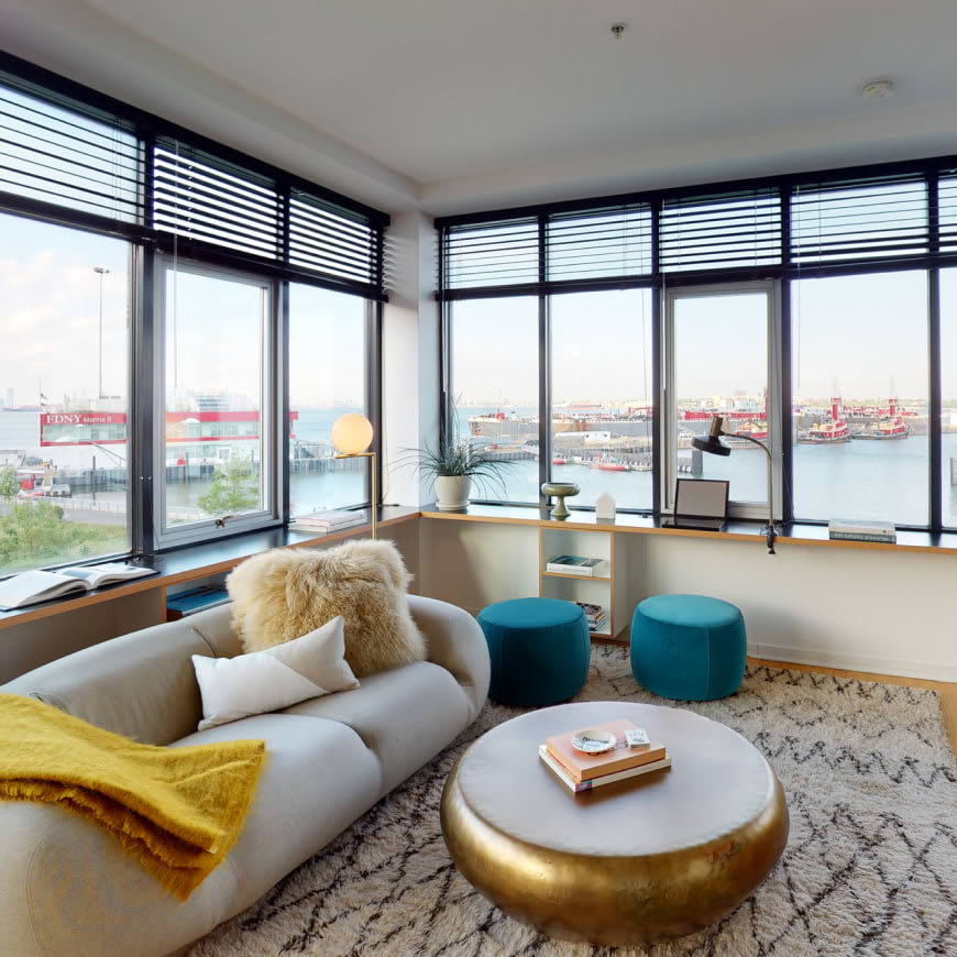 View of the open plan apartments and details including oversized windows at Staten Island Urby - luxury Staten Island apartments for rent