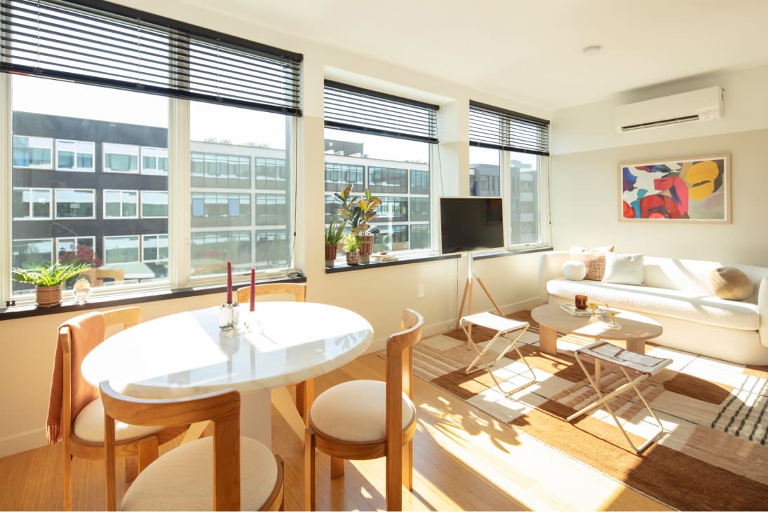 View of the designer living room details at Harrison Urby - luxury Harrison NJ apartments for rent