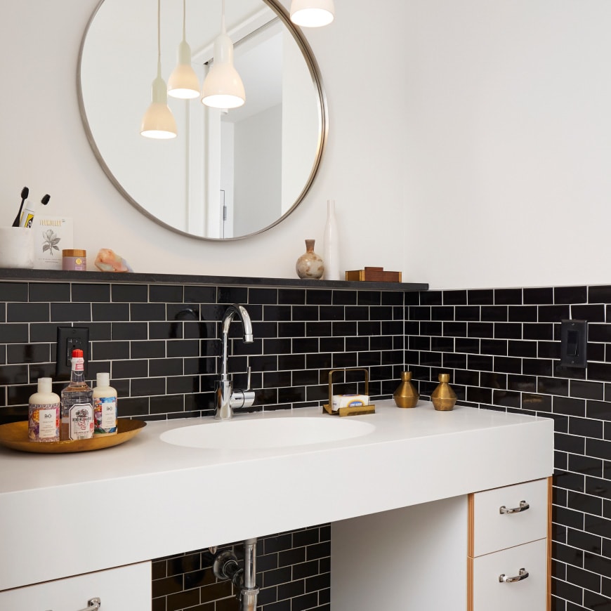 View of the designer bathroom with stainless steel appliances at Staten Island Urby - luxury Staten Island apartments for rent