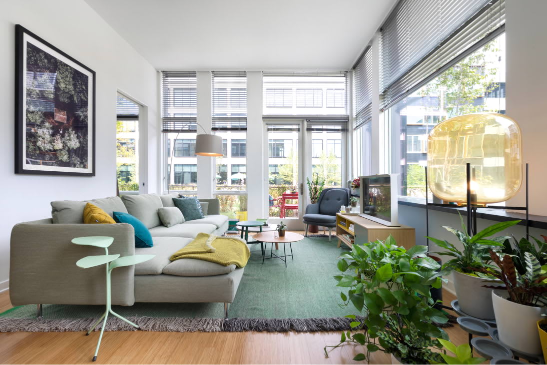 View of the designer living room at Harrison Urby - luxury Harrison NJ apartments for rent