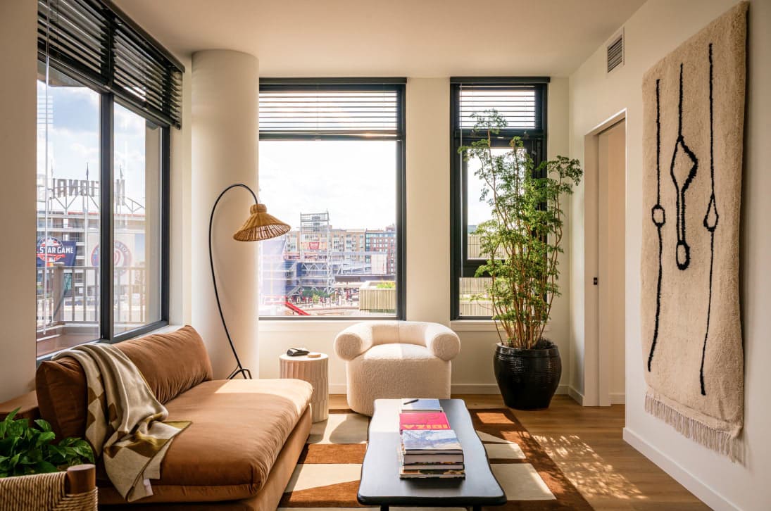 View of designer living room with modern finishes at Navy Yard Urby - luxury Navy Yard apartments for rent in Washington DC