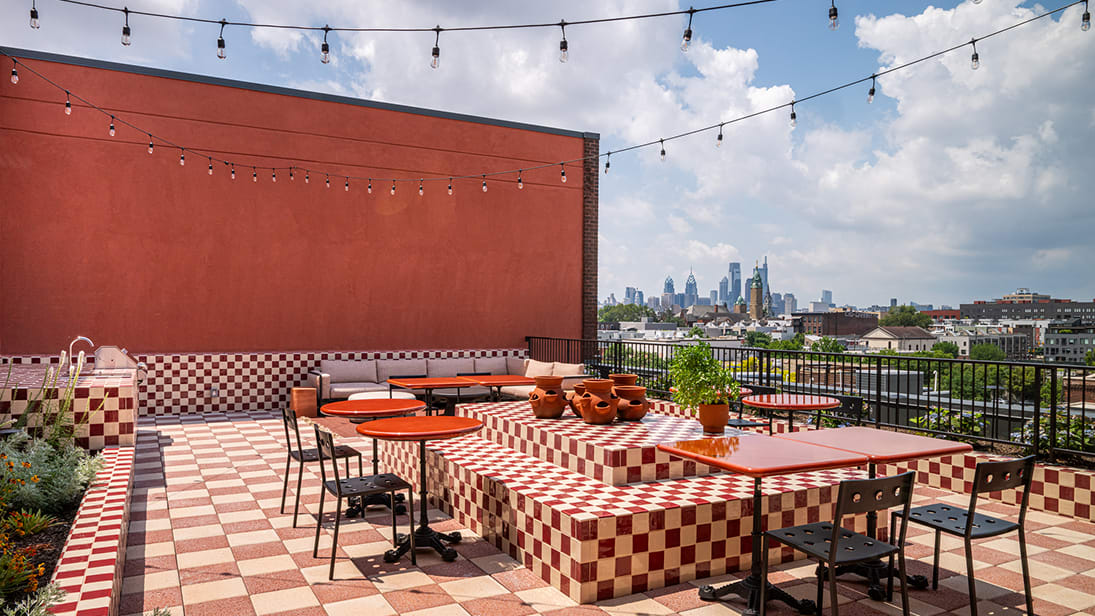Fishtown Urby roof deck overlooking downtown Philadelphia.