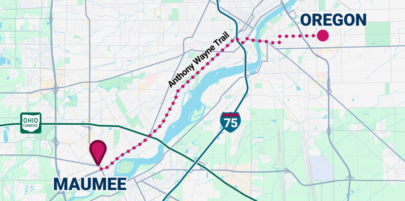map of oregon ohio with dotted navigation line to the urgent pet care clinic