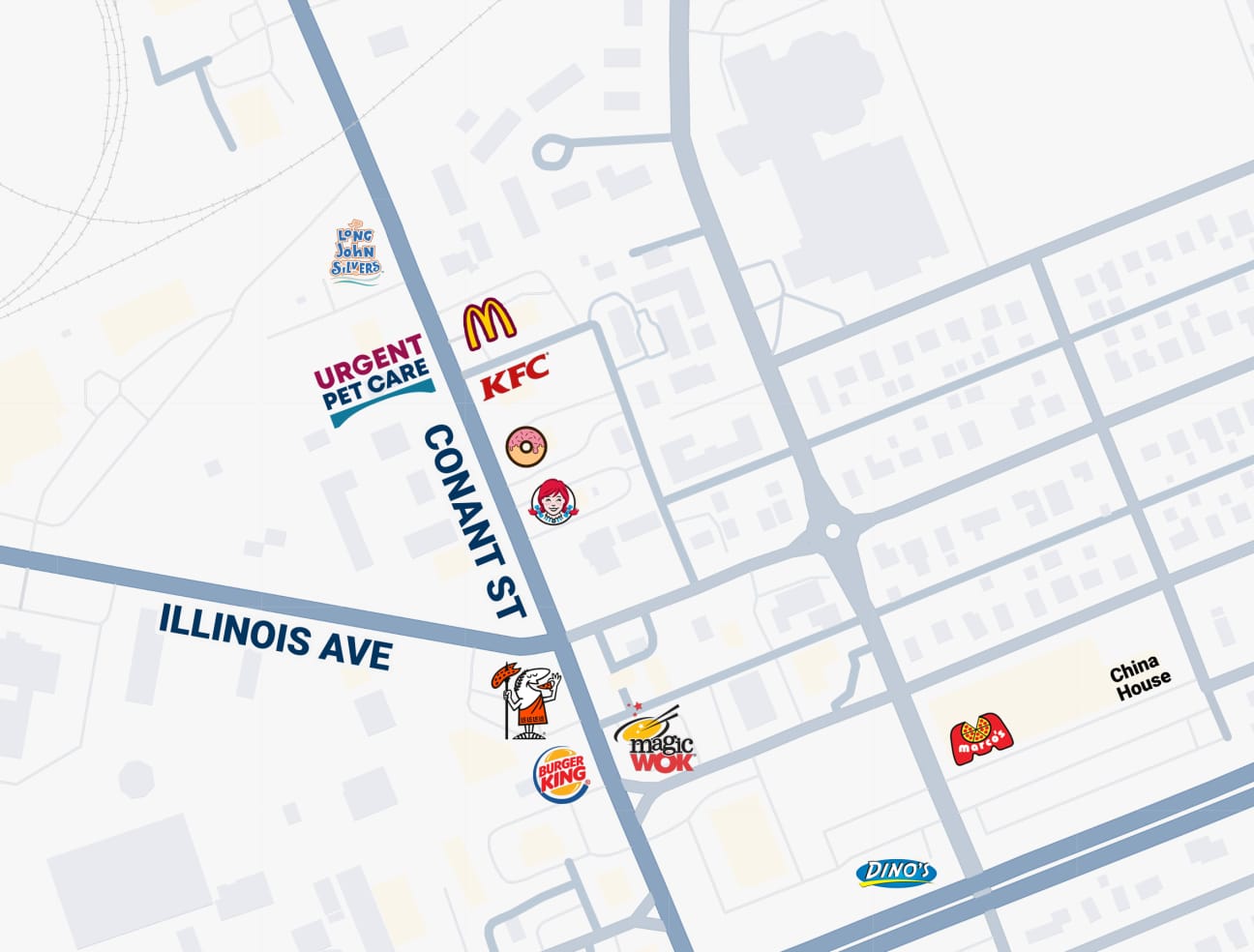 map of food locations nearby The Bridge Urgent Pet Care