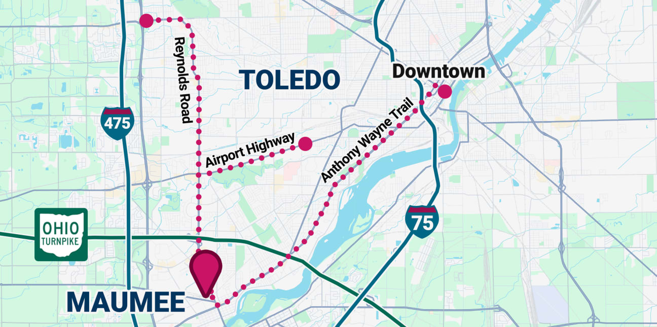 map of toledo ohio with dotted navigation line to the urgent pet care clinic