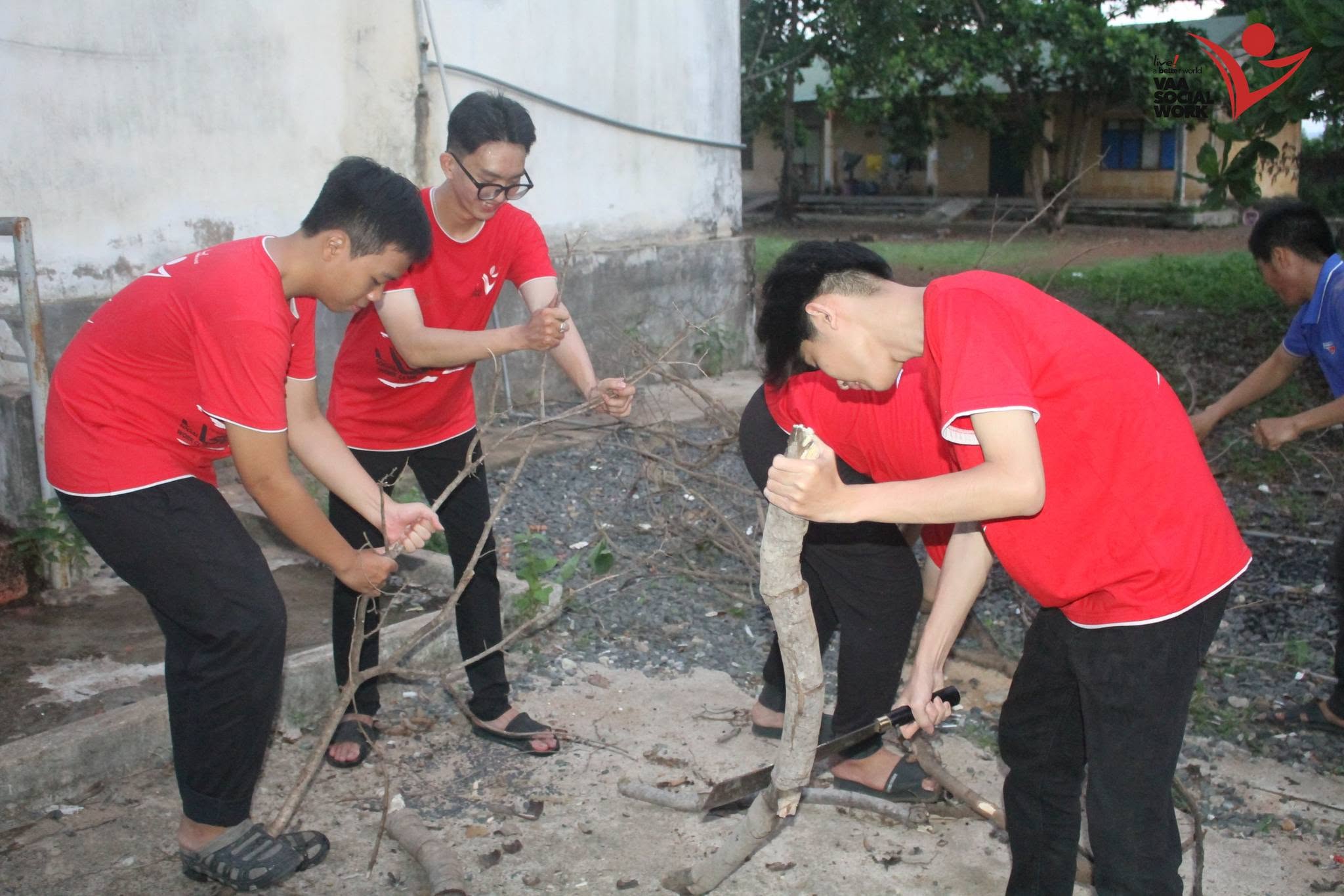 Các bạn thành viên đang hỗ trợ lấy củi để nấu thức ăn.