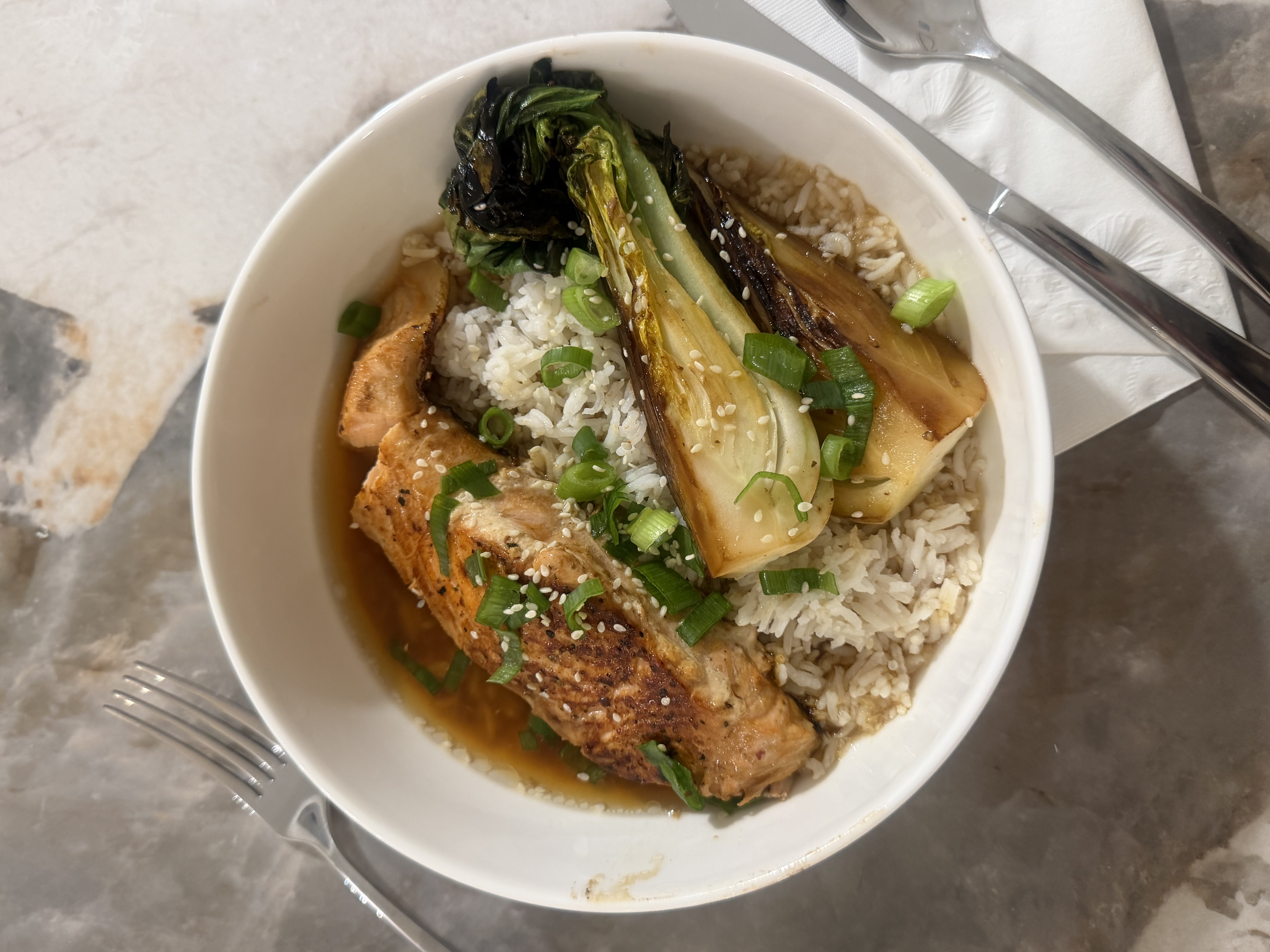 salmon miso brothy rice with bok choy, ginger, and scallions