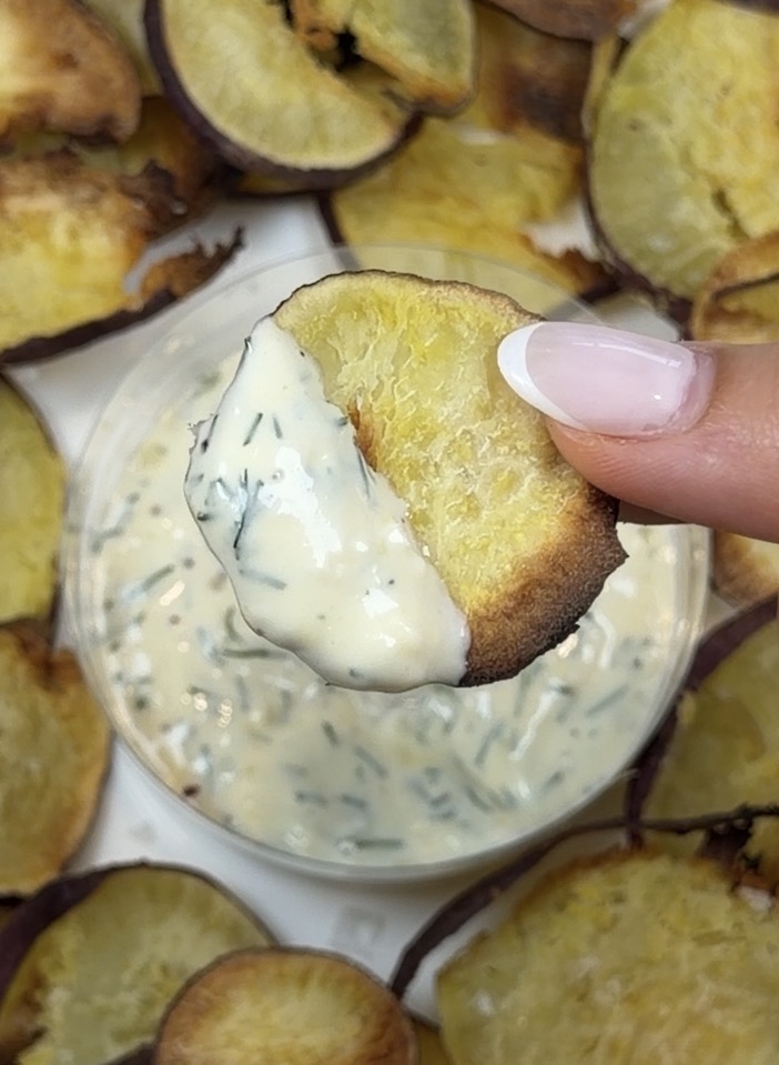 crispy smashed Japanese sweet potato rounds served with garlic dill aioli