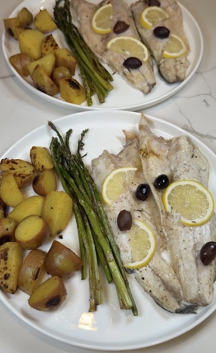 oven-roasted branzino with fresh thyme and Kalamata olives