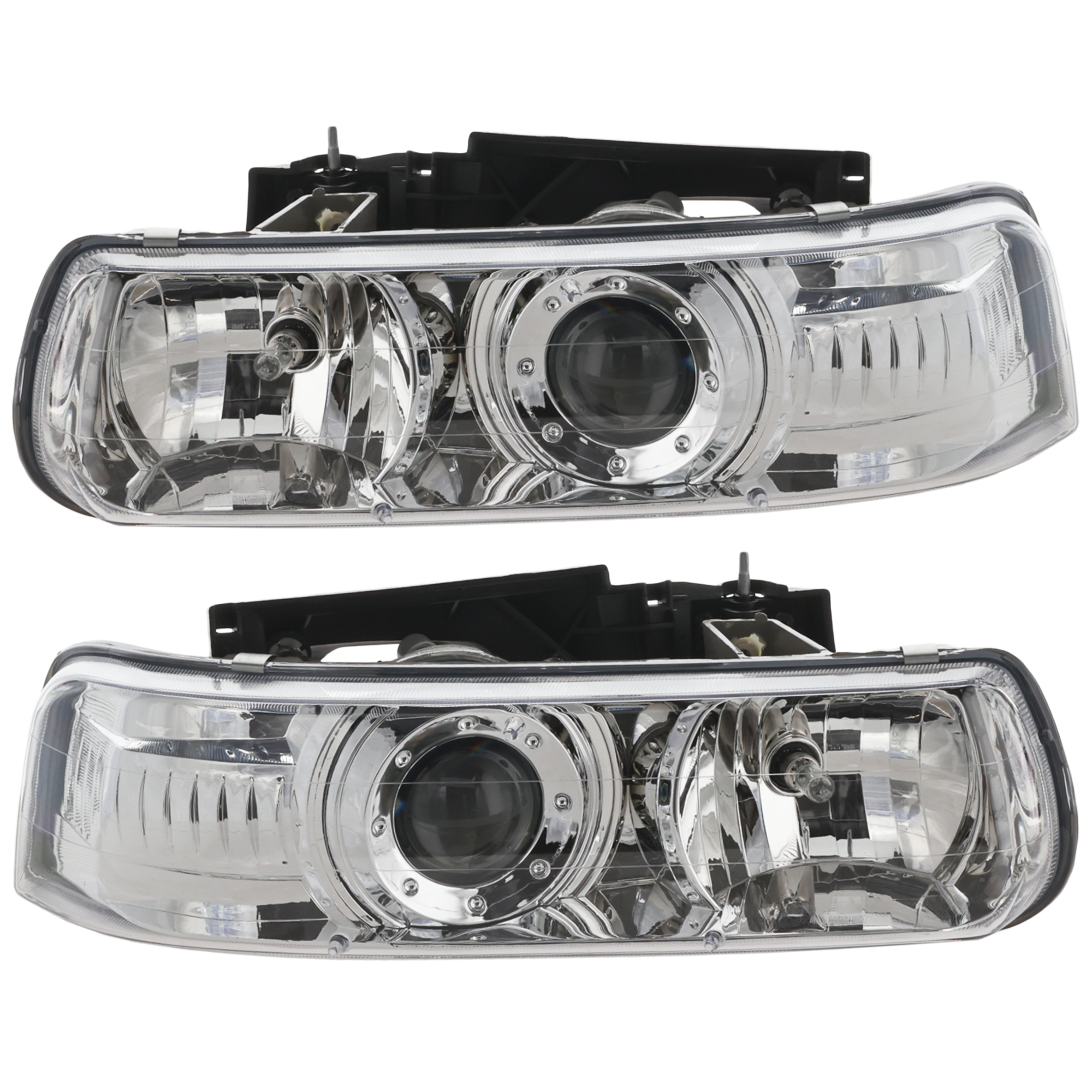 AM SILVERADO 99-02 TAHOE 00-06 PROJECTOR HEAD LAMP RH AND LH Assembly w Halogen Chrome Interior SKU 335-1119PXAS Partslink GM2505108 OEM Performance