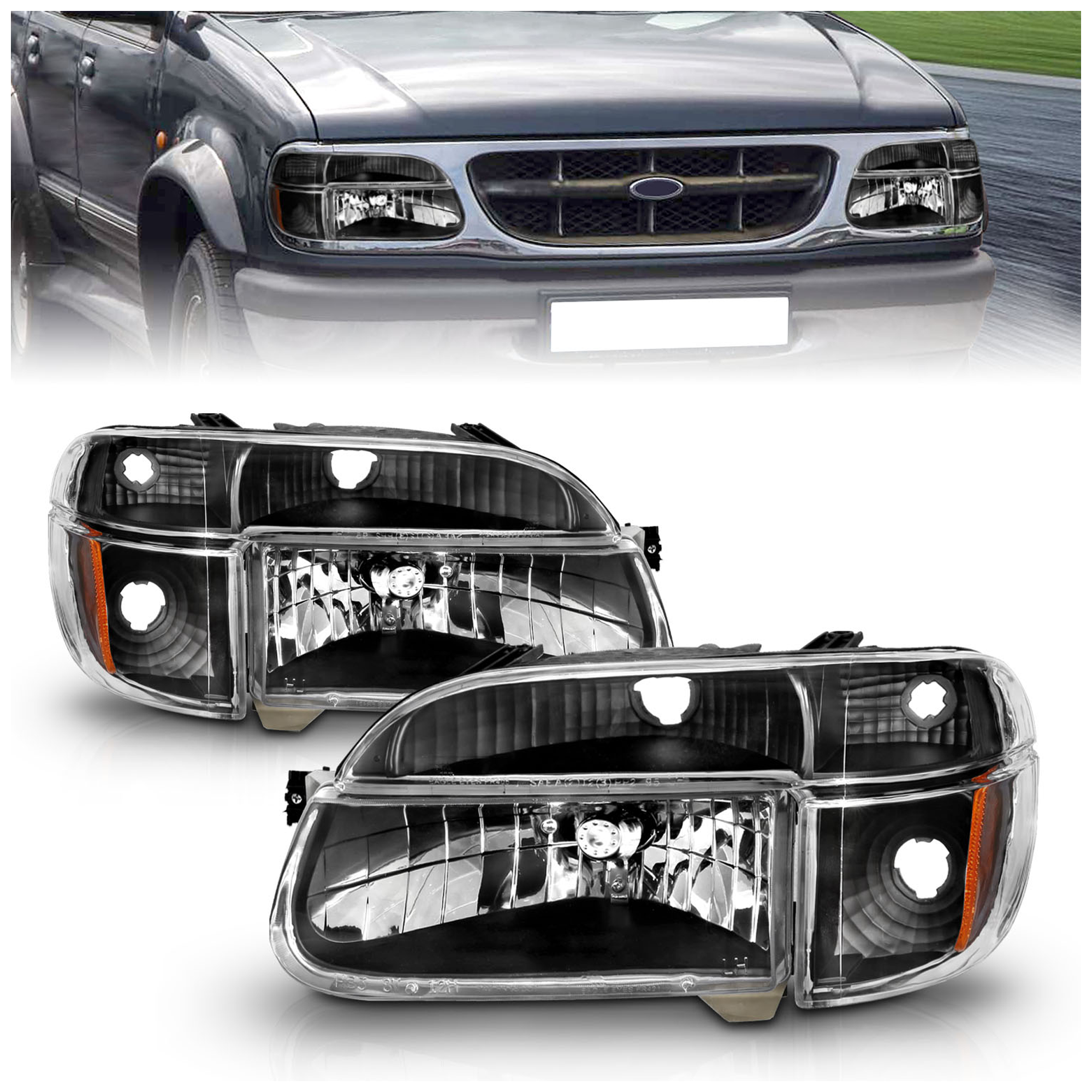 AM HEADLIGHTS|CRYSTAL WITH AMBER CORNER BLACK SKU A1R111039 Partslink FO2502122 FO2503122 OEM F5TZ13008B F5TZ13008A
