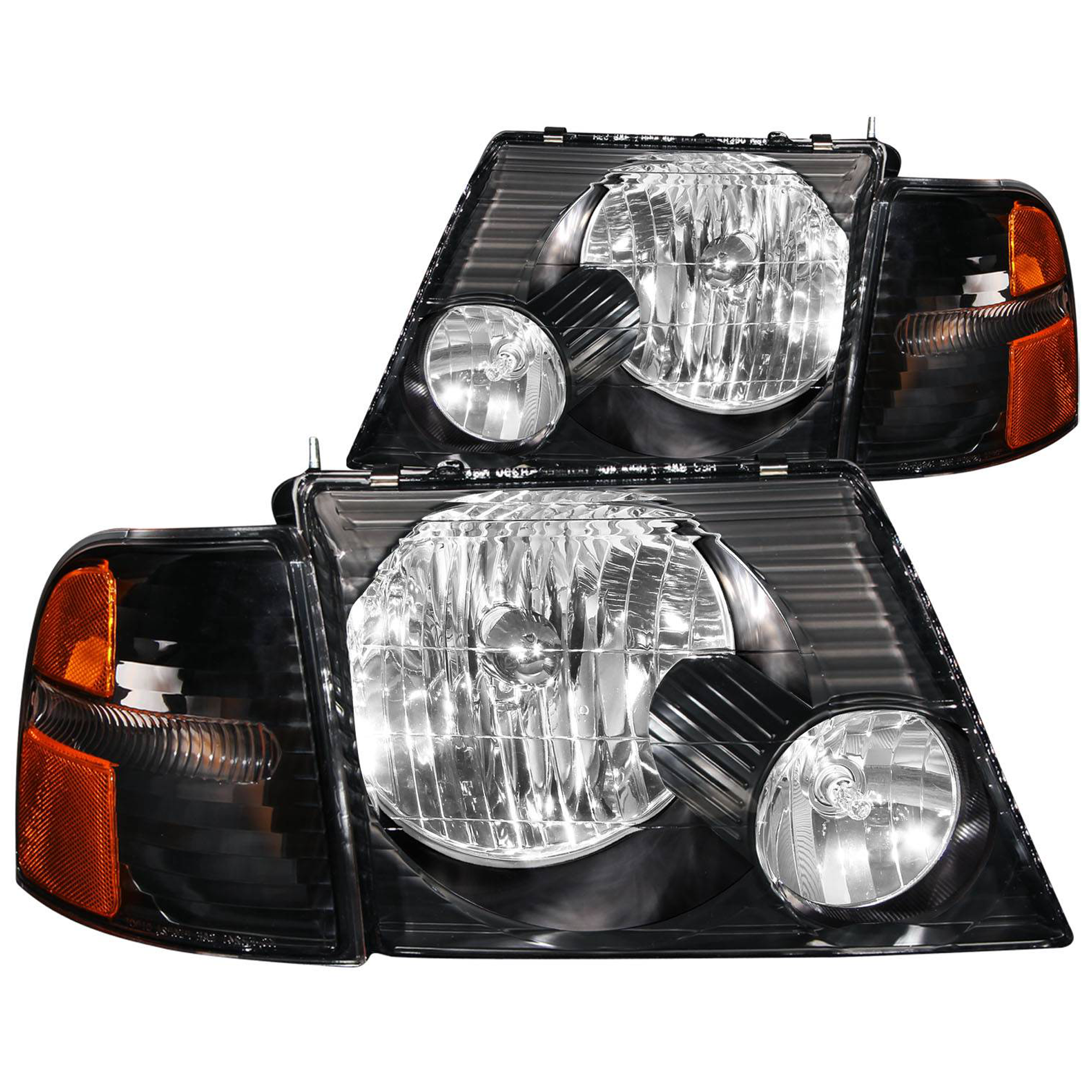 AM HEADLIGHTS|BLACK WITH AMBER REFLECTORS SKU A1R111071 Partslink FO2502176 FO2503176 FO2520167 FO2521167 OEM 1L2Z13008AB 1L2Z13008AA