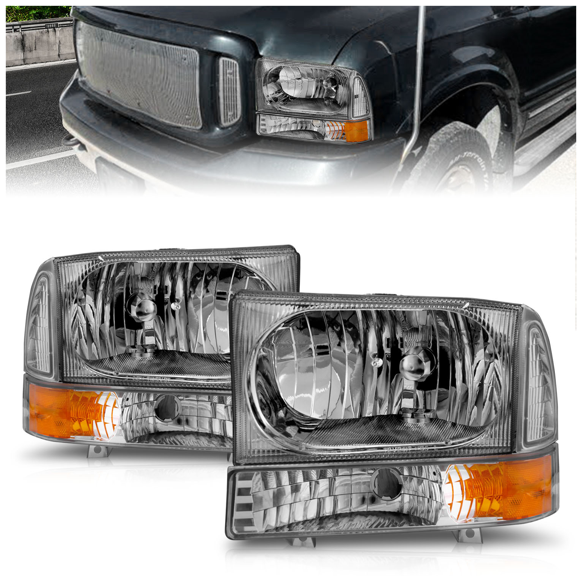AM HEADLIGHTS|CHROME WITH CORNER AMBER SKU A1R111081 Partslink FO2502147 FO2502183 FO2520169 FO2520141 OEM 2C3Z13008AB 2C3Z13008AA 2C3Z13