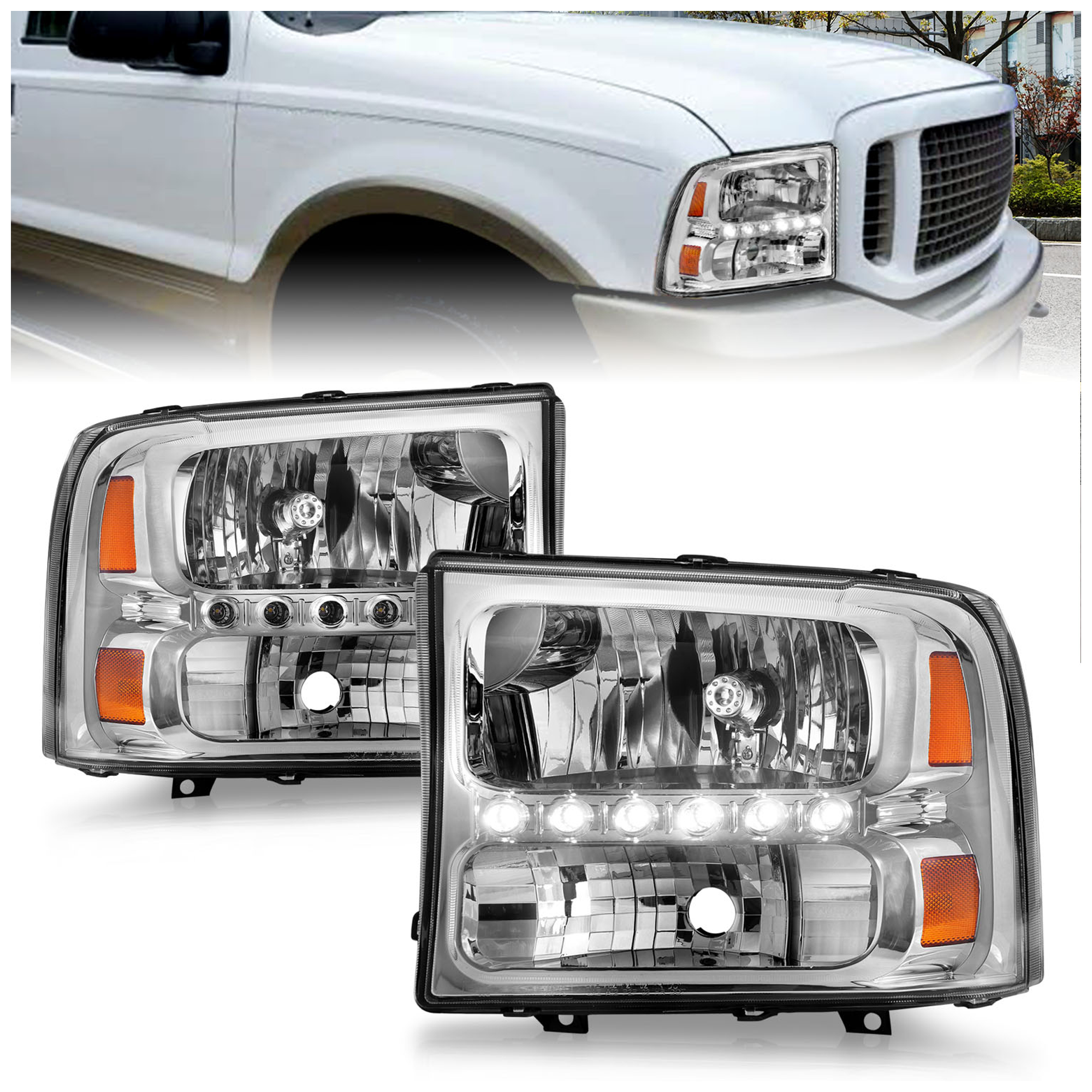 AM HEADLIGHTS|1 PC. CRYSTAL CLEAR WITH LED STRIP SKU A1R111088 Partslink FO2503147 FO2503183 FO2521169 FO2521141 OEM 1C3Z13008BA 1C3Z13008AA XC3Z13
