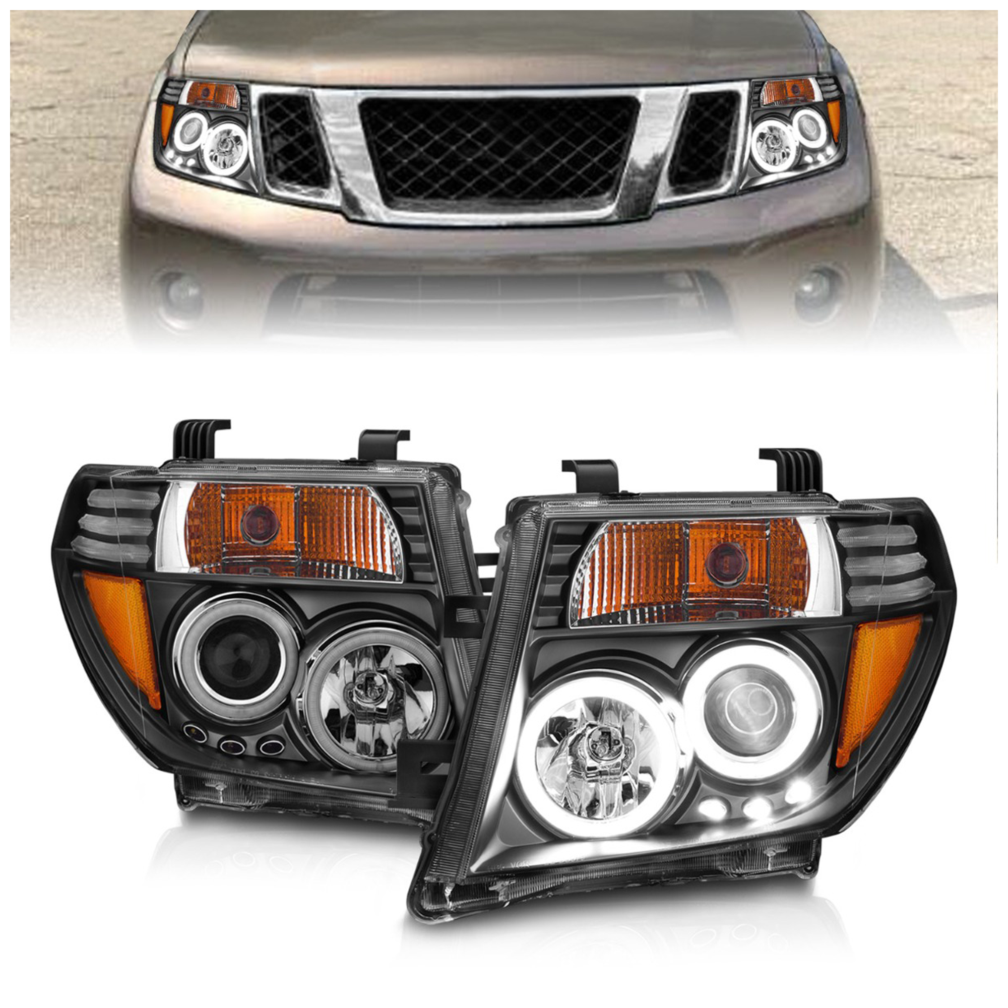 AM FRONTIER 05-08 PATHFINDER 05-07 HEAD LAMP RH AND LH Assembly Projector Clear Lens Black Housing SKU A1R111111 Partslink NI2502157 NI2503157 OEM NI2502157-26010EA525