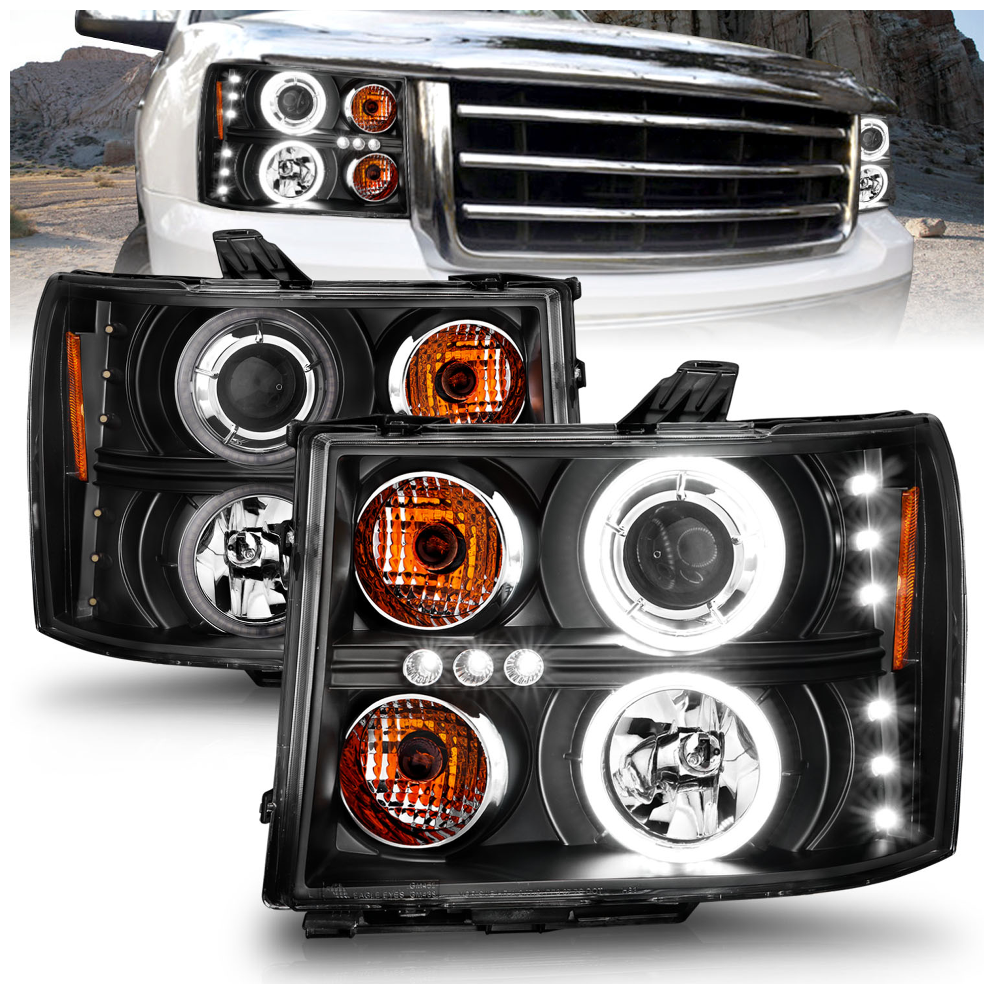 AM HEADLIGHTS|BLACK CLEAR PROJECTOR WITH HALOS SKU A1R111125 Partslink GM2502283 GM2503283 OEM 22853029-22853030