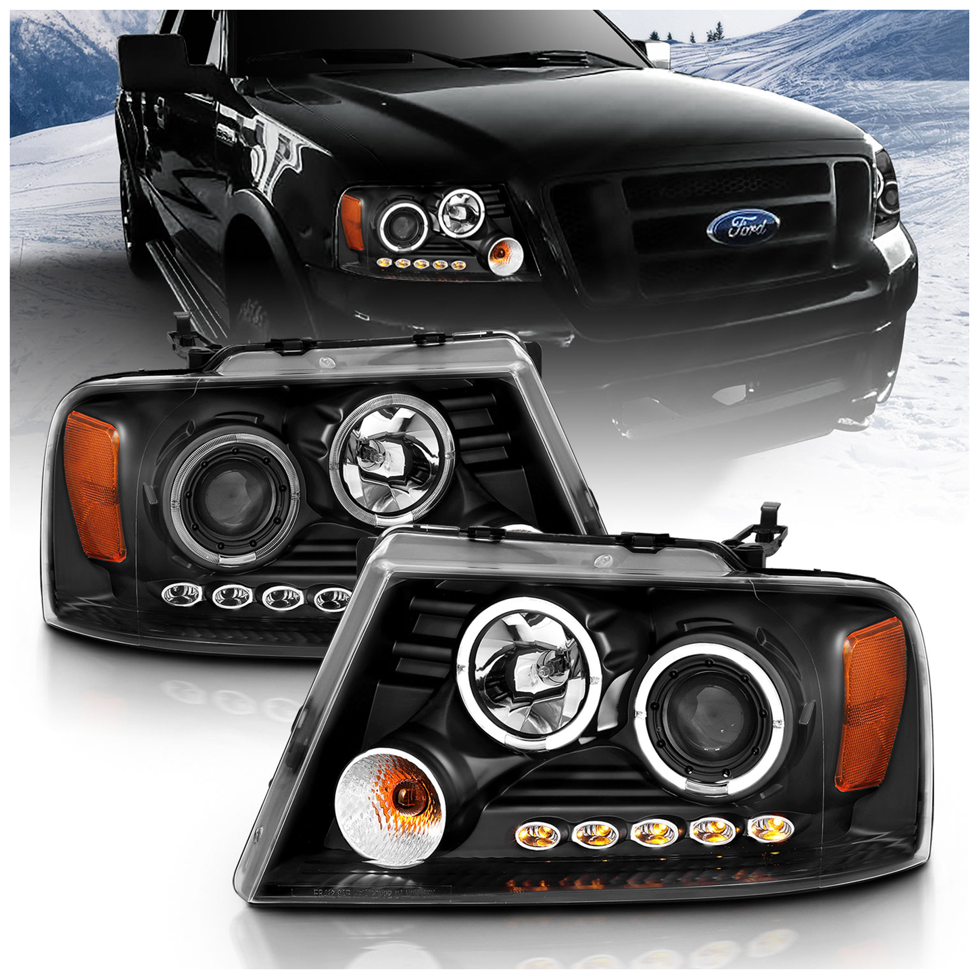 AM HEADLIGHTS|G2 PROJECTOR HALO BLACK CLEAR AMBER LED SKU A1R111204 Partslink FO2502201 FO2503201 OEM FO2502201-7L3Z13008FA