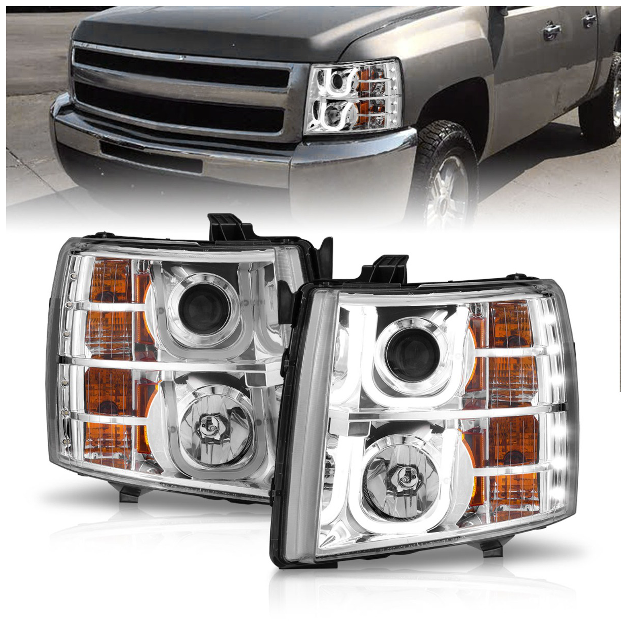 AM HEADLIGHTS|PROJECTOR W U BAR CHROME CLEAR SKU A1R111282