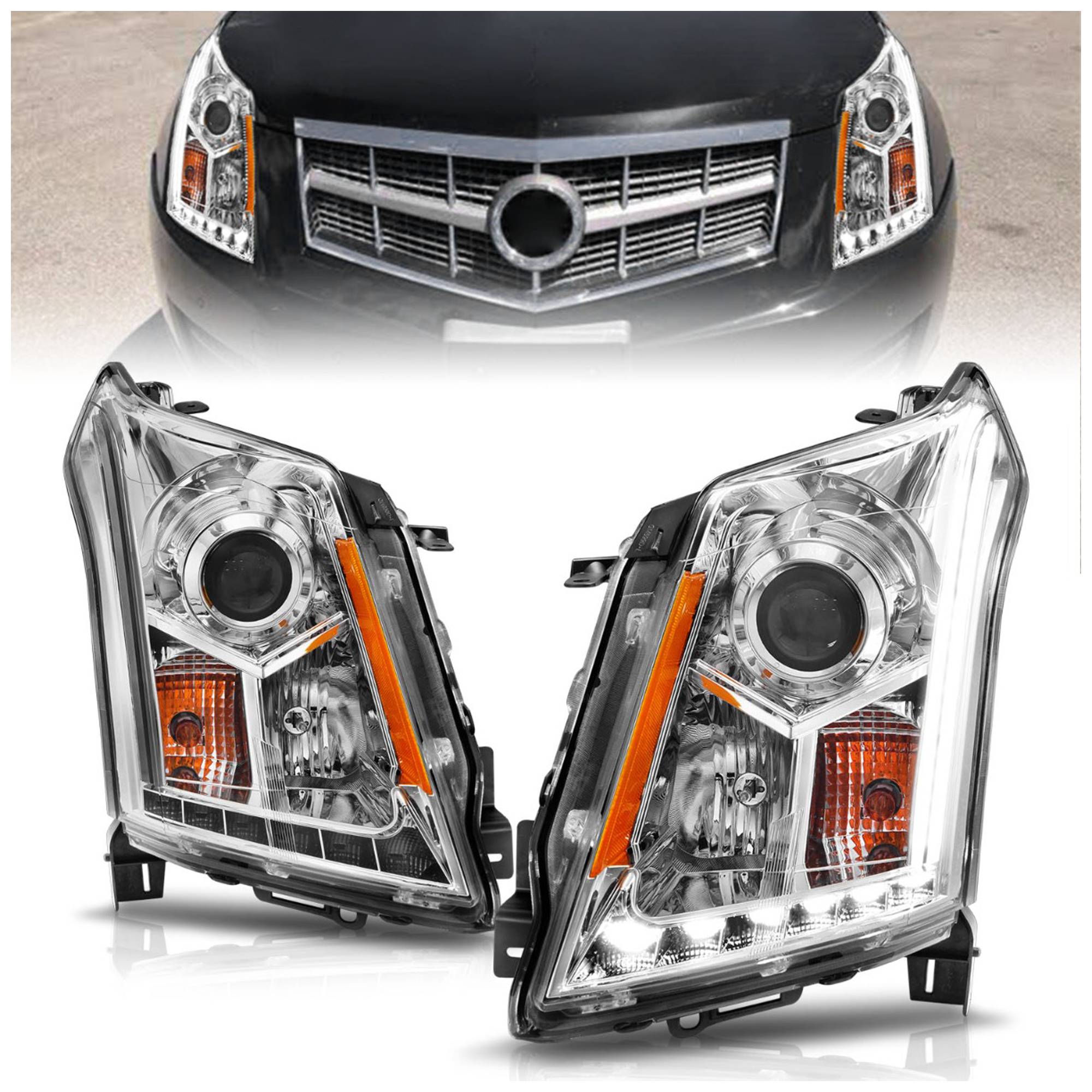 AM HEADLIGHTS PROJECTOR W PLANK STYLE DESIGN CHROME CLEAR SET SKU A1R111307 Partslink GM2502345 GM2503345 OEM 22853872-22853873-23187809-231