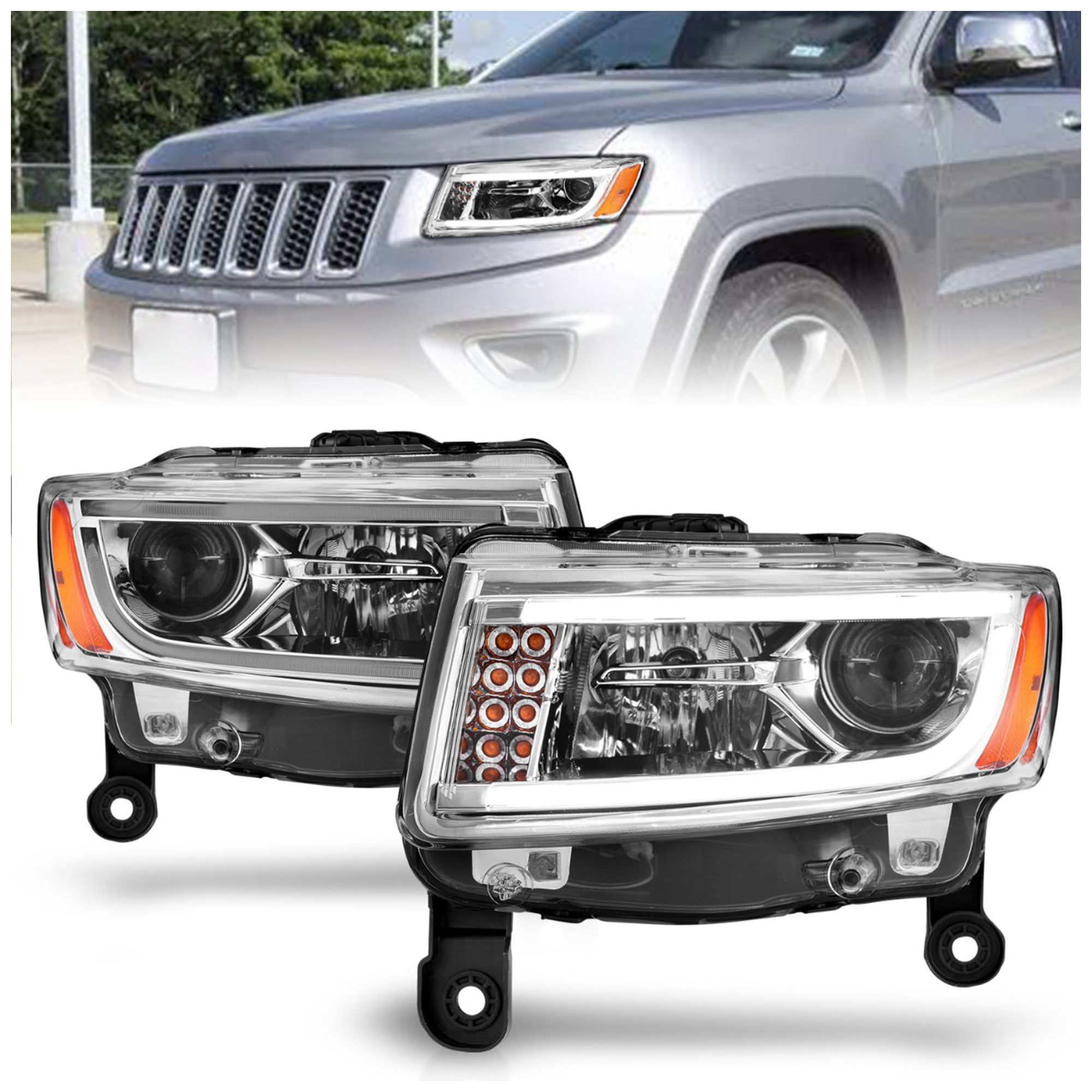 AM GRAND CHEROKEE 11-13 HEAD LAMP RH AND LH Assembly Projector Prank Style Chrome SKU A1R111328 Partslink CH2502247 CH2503247 OEM CH2502247-68110996AD