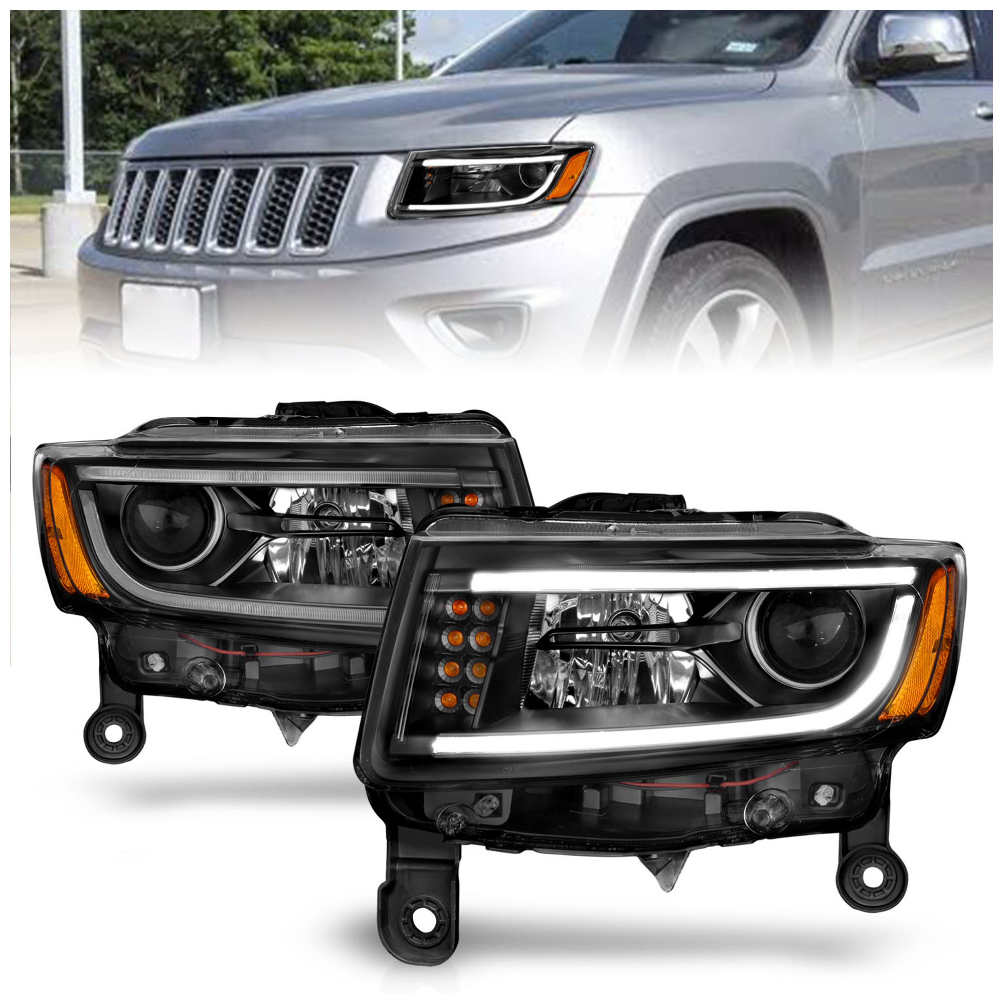 AM GRAND CHEROKEE 11-13 HEAD LAMP RH AND LH Assembly Projector Prank Style Black SKU A1R111329 Partslink CH2502247 CH2503247 OEM CH2502247-68110996AD