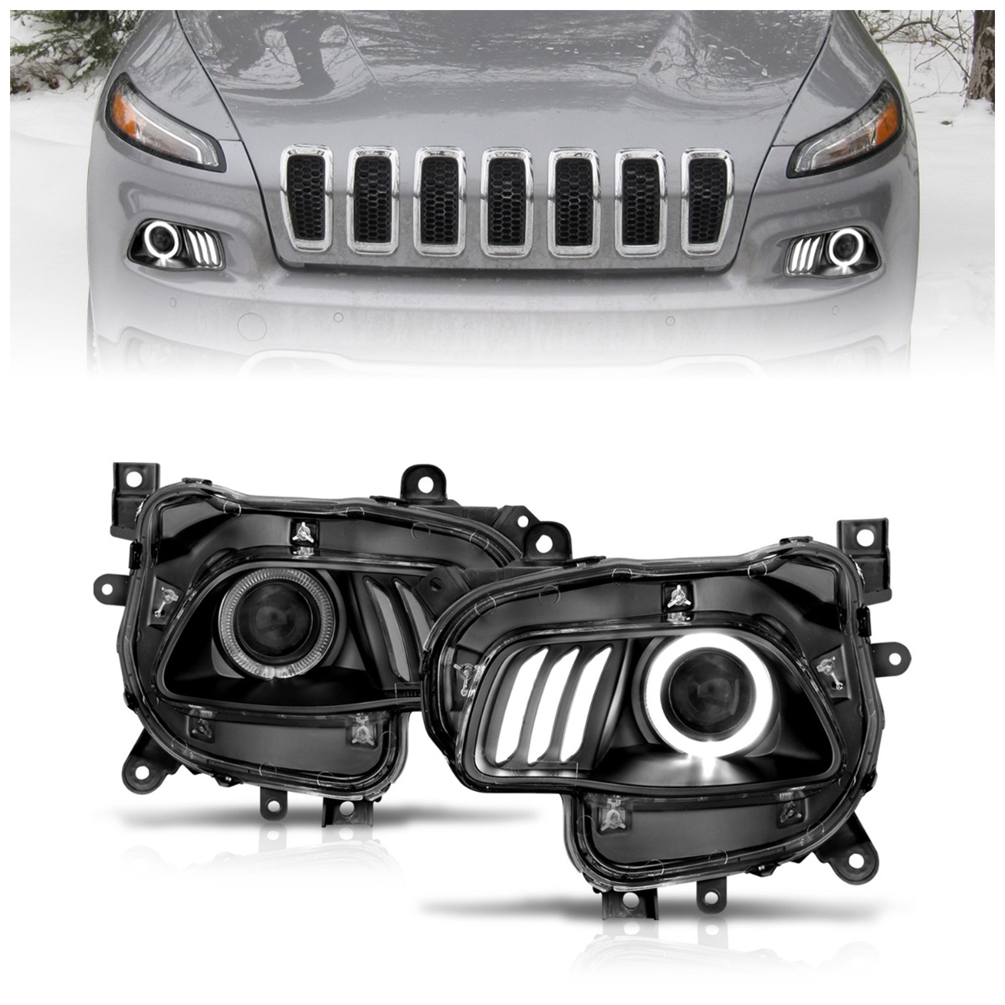 AM GRAND CHEROKEE 14-18 HEAD LAMP RH AND LH Assembly Projector w LED Halo Black SKU A1R111353 Partslink CH2502249 CH2503249 OEM 68102847AE 68102846AE