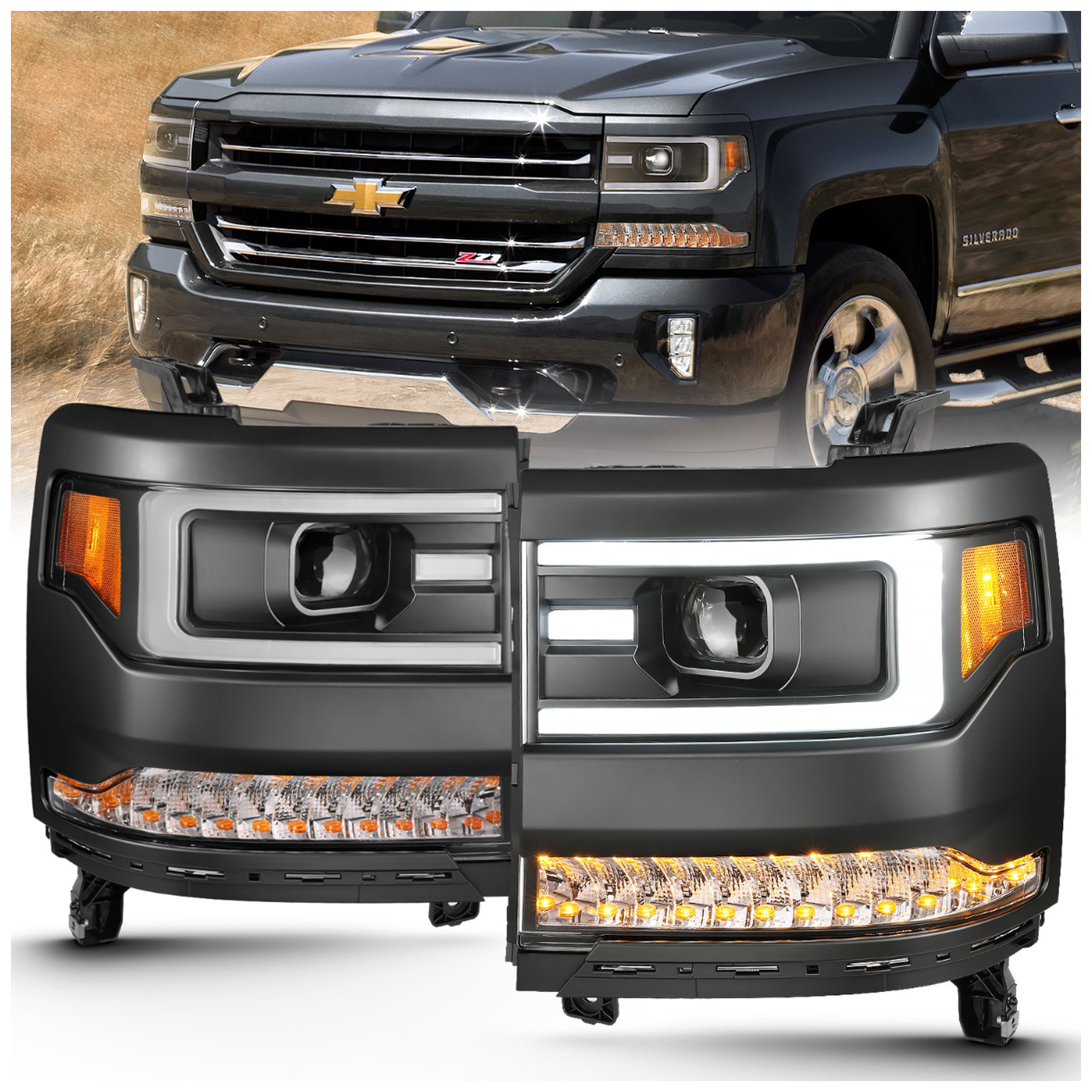AM Projector Headlights w Plank Style Design Black w Amber HID TYPE WITHOUT HID KIT SKU A1R111373 Partslink GM2502456 GM2503452 OEM GM2502456-84357695