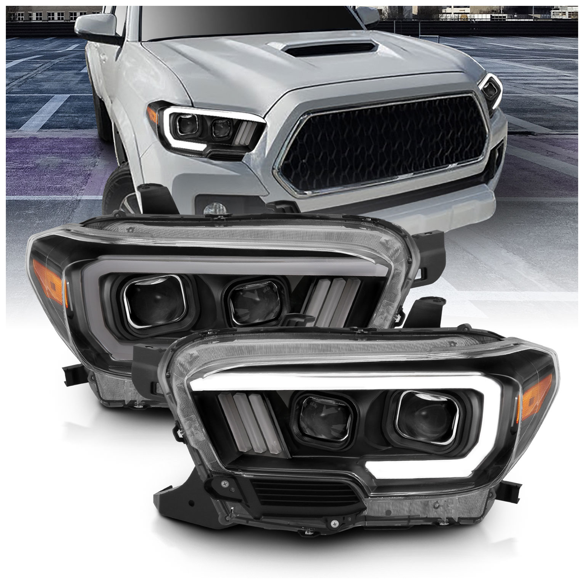 AM Projector Headlights w Plank Style Design Black Amber w DRL SKU A1R111379 Partslink TO2502244 TO2503244 TO2502254 TO2503254 OEM 8115004270-8111004270-81150042