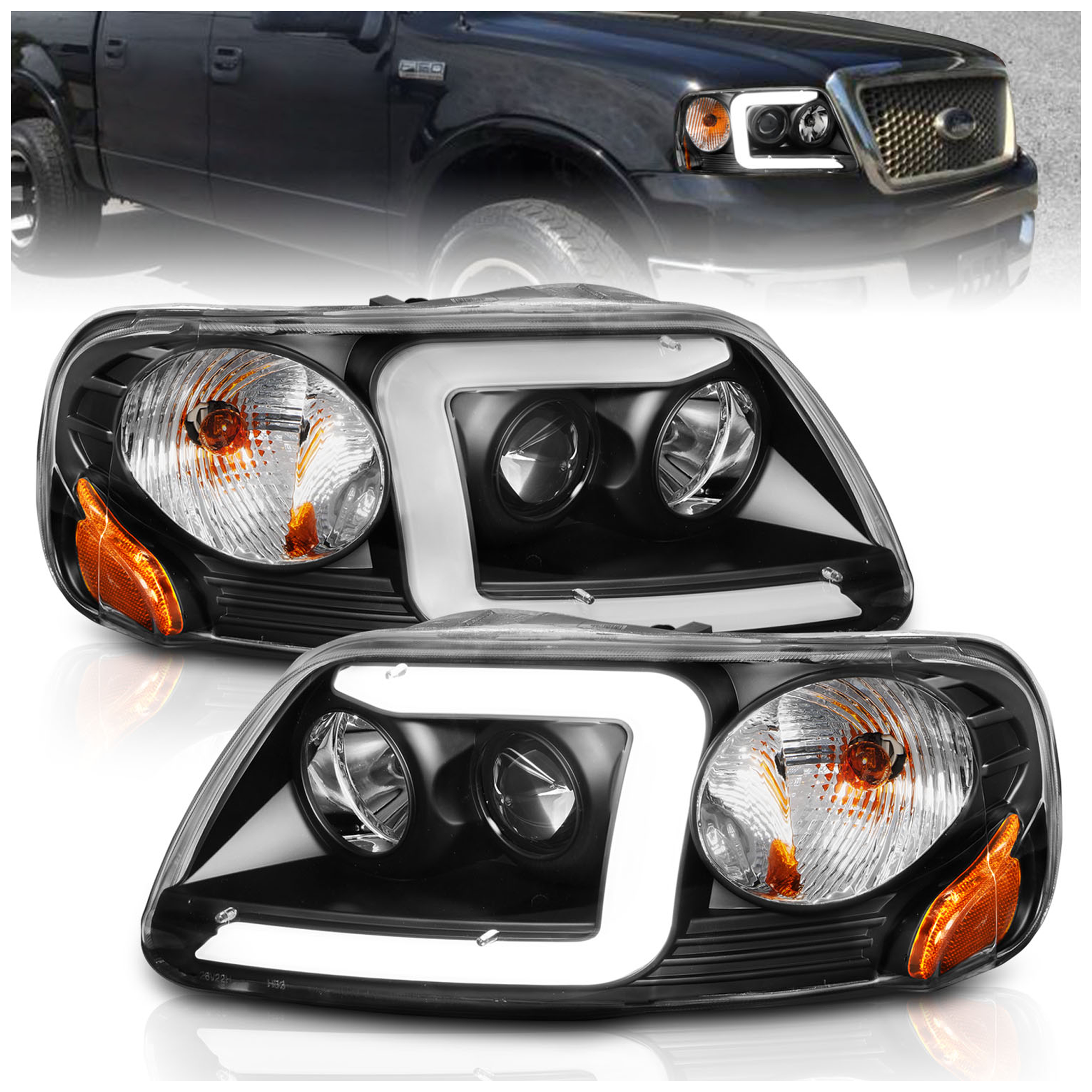 AM PROJECTOR HEADLIGHTS W LIGHT BAR BLACK HOUSING 1997-2003 FORD F 150 SKU A1R111503 Partslink FO2502139 FO2503139 OEM FO2502139-3L3Z13008CA