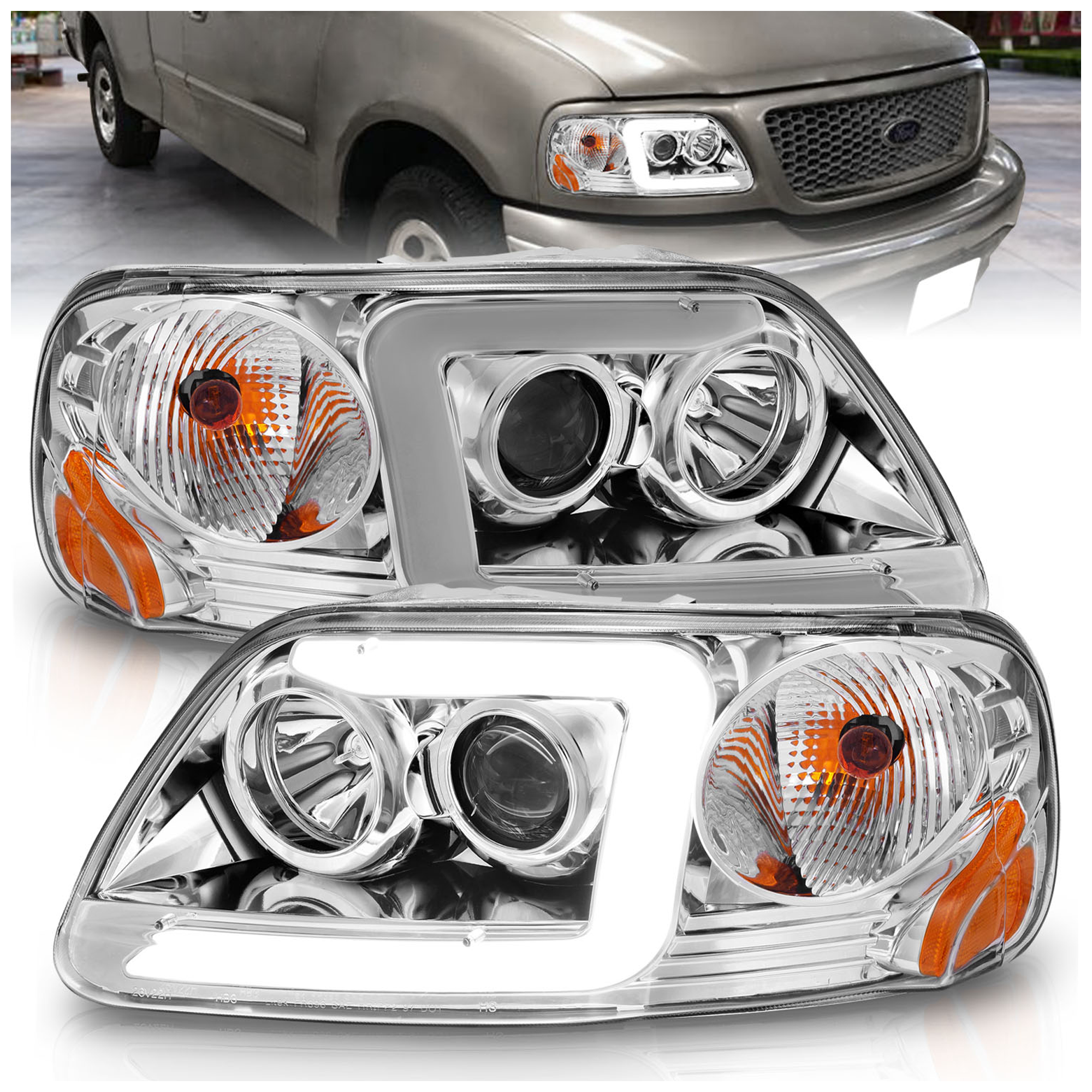 AM PROJECTOR HEADLIGHTS W LIGHT BAR CHROME HOUSING 1997-2003 FORD F 150 SKU A1R111504 Partslink FO2502139 FO2503139 OEM FO2502139-3L3Z13008CA