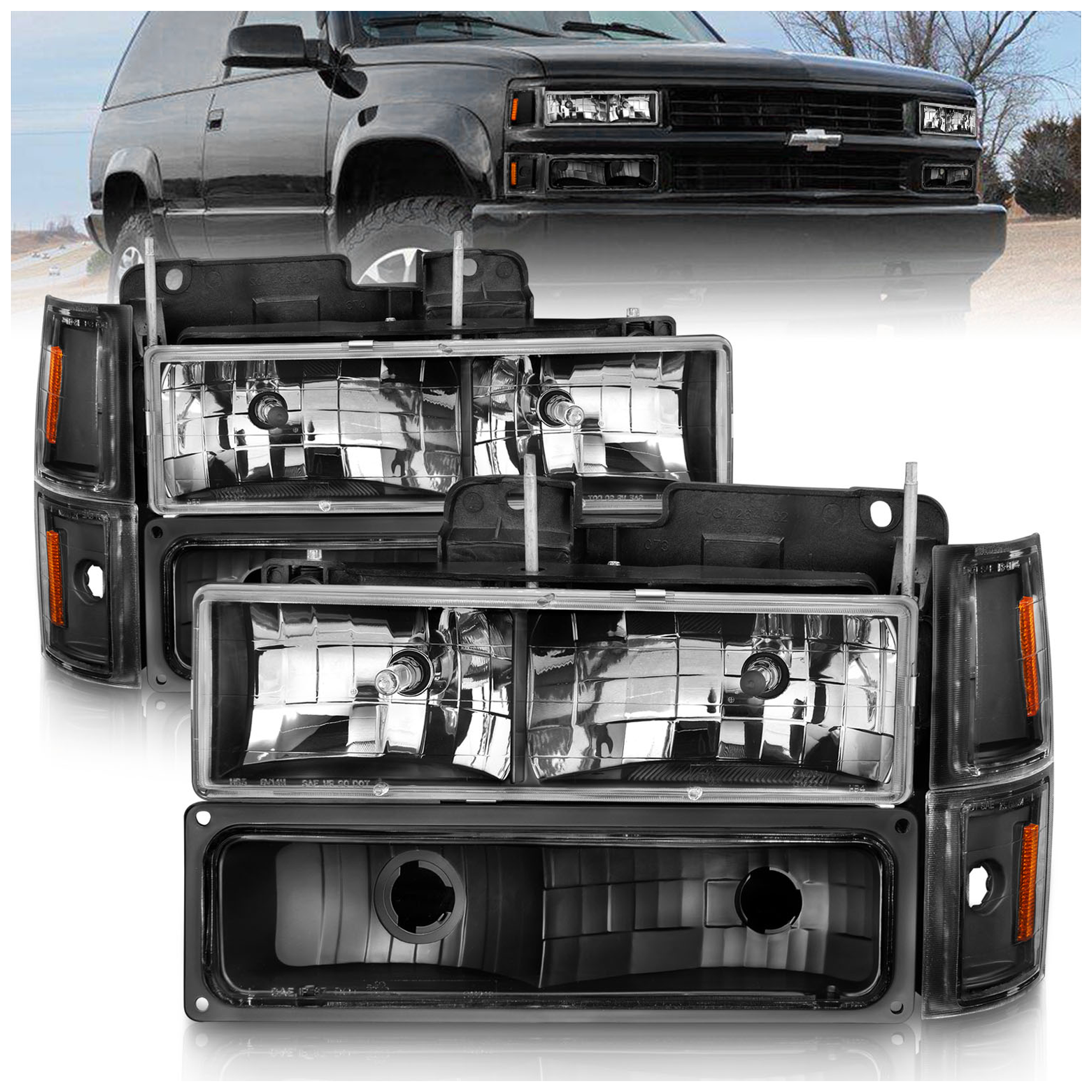 AM CRYSTAL HEADLIGHTS BLACK HOUSING W SIGNAL SIDE MARKERS 8PCS 1988-1998 CHEVROLET C1500 SKU A1R111505 Partslink GM2502101 GM2503101 OEM GM2502101-15034930