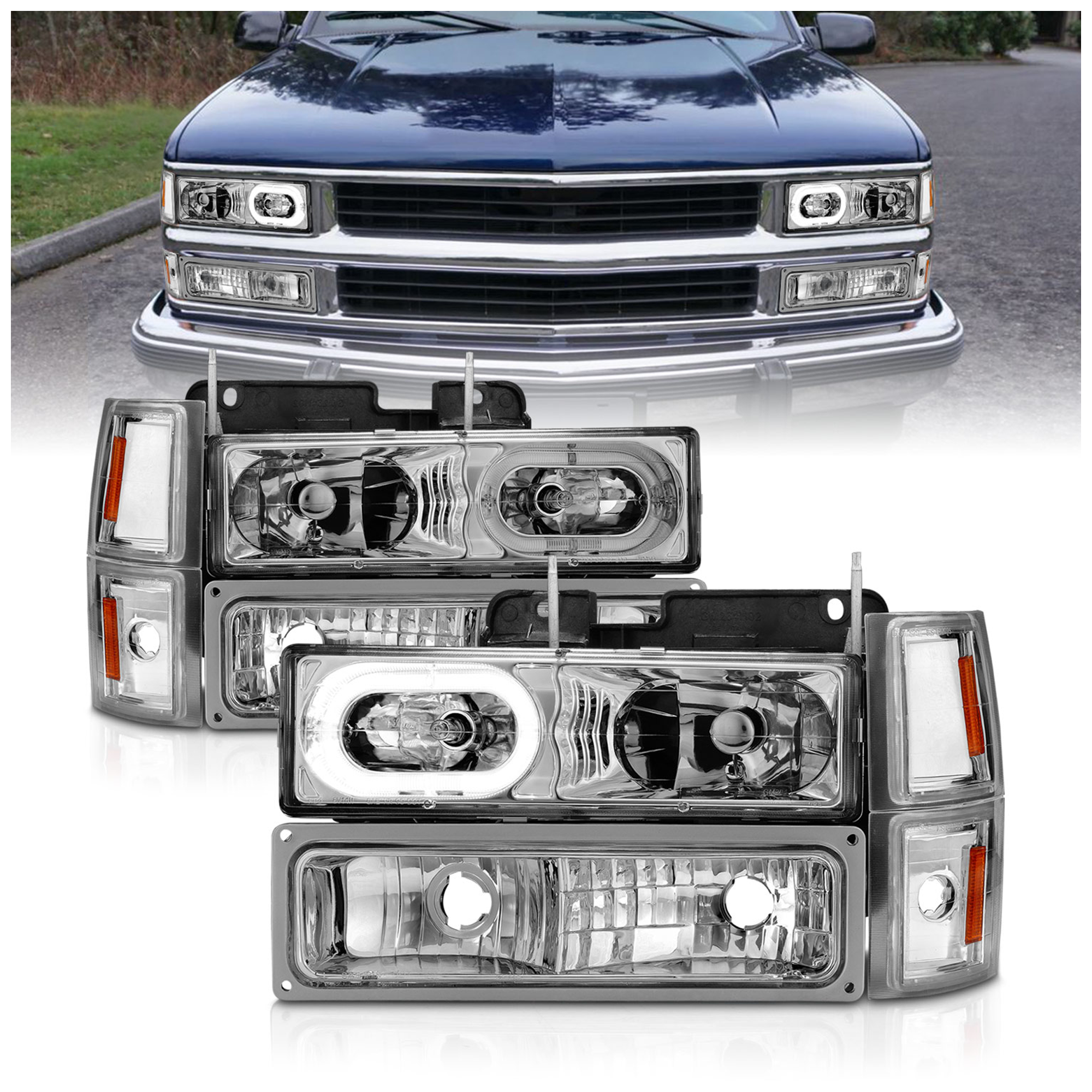 AM CRYSTAL HEADLIGHTS W HALO CHROME HOUSING W SIGNAL SIDE MARKERS 8PCS SKU A1R111508 Partslink GM2502101 GM2503101 OEM GM2502101-15034930